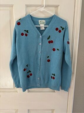 The Quacker Factory Women’s Cardigan Sweater Embroidered Cherries Blue S A64800
